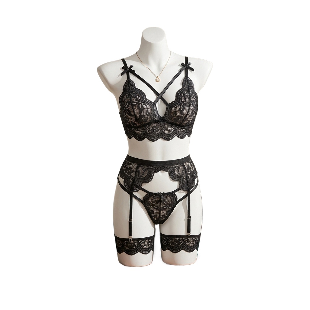 Garter Belt Set - Set Lingerie Renda Bunga untuk Wanita,